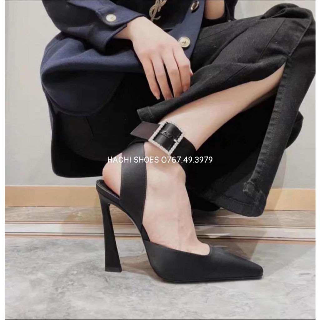 Giày sandal cao gót nữ bít mũi gót nhọn mẫu hot 2023 đen satin A23-23 HÀNG QC - HACHI SHOES