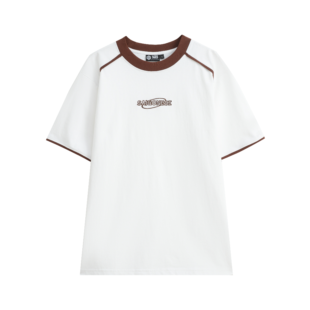 Áo Thun Unisex SAIGONESE Chạy Viền Tay Lỡ Nam Nữ Form Rộng / Trắng Lines Nâu
