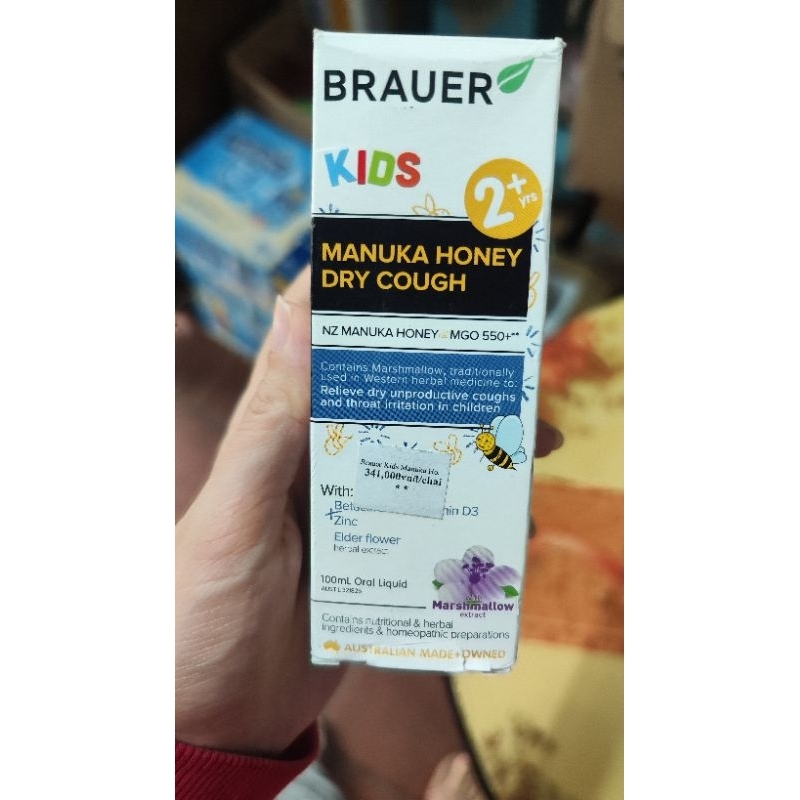 Thanh lý siro ho cho bé Brauer Kids Manuka Honey Dry Cough date t9/23