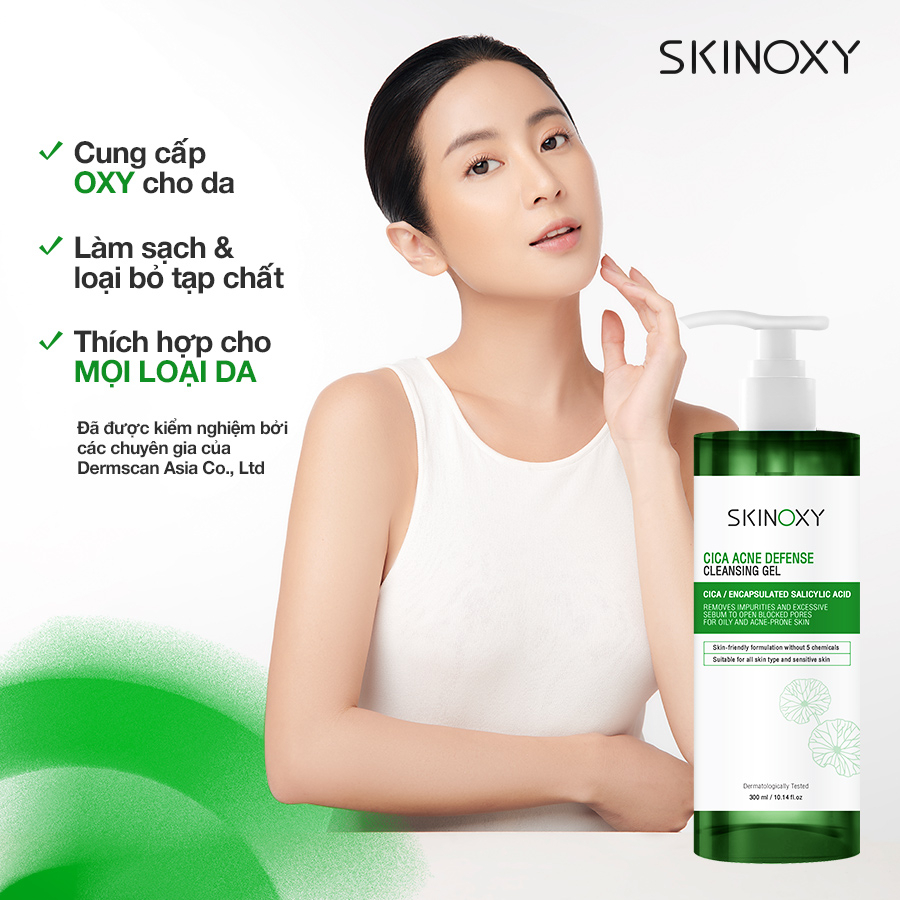 Combo Gel rửa mặt Skinoxy Cica Acne Defense Cleansing Gel 300ml + Tinh chất giúp làm dịu da chiết xuất rau má 30ml