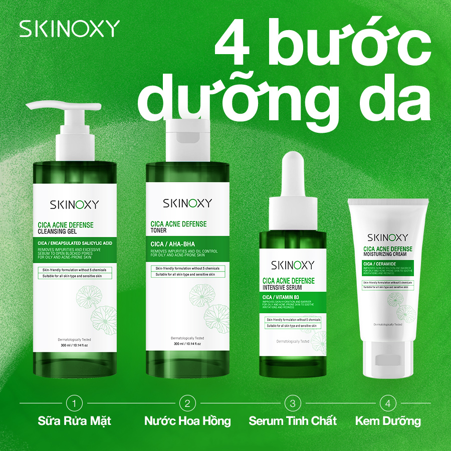 Combo Gel rửa mặt Skinoxy Cica Acne Defense Cleansing Gel 300ml + Tinh chất giúp làm dịu da chiết xuất rau má 30ml