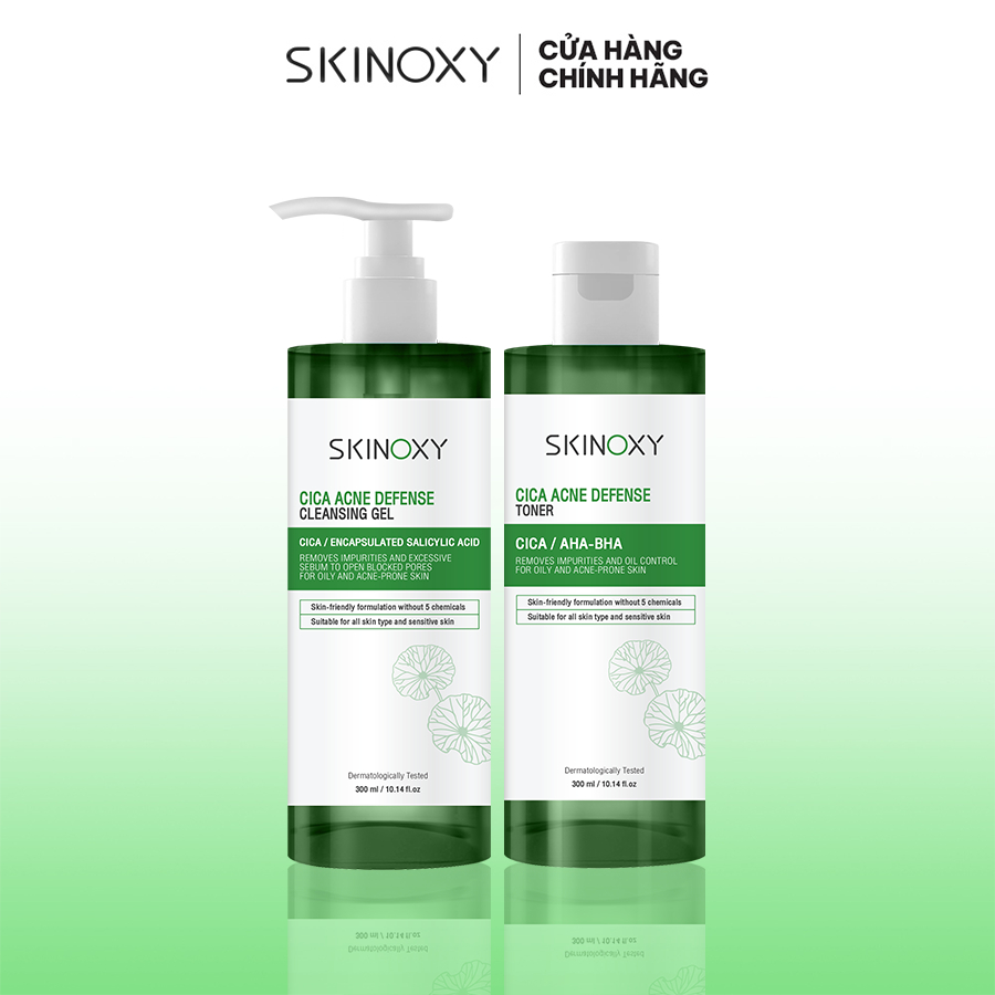Combo Gel rửa mặt Skinoxy Cica Acne Defense Cleansing Gel 300ml + Nước cân bằng và làm dịu da chiết xuất rau má 300ml
