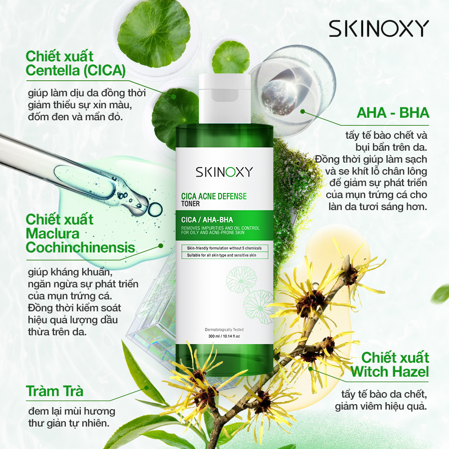 Combo Gel rửa mặt Skinoxy Cica Acne Defense Cleansing Gel 300ml + Nước cân bằng và làm dịu da chiết xuất rau má 300ml