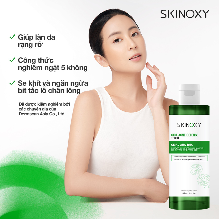 Combo Gel rửa mặt Skinoxy Cica Acne Defense Cleansing Gel 300ml + Nước cân bằng và làm dịu da chiết xuất rau má 300ml