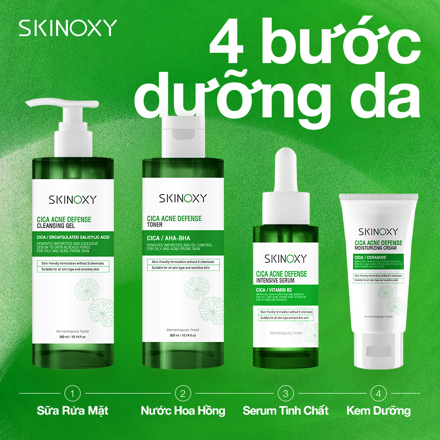 Combo Gel rửa mặt Skinoxy Cica Acne Defense Cleansing Gel 300ml + Nước cân bằng và làm dịu da chiết xuất rau má 300ml