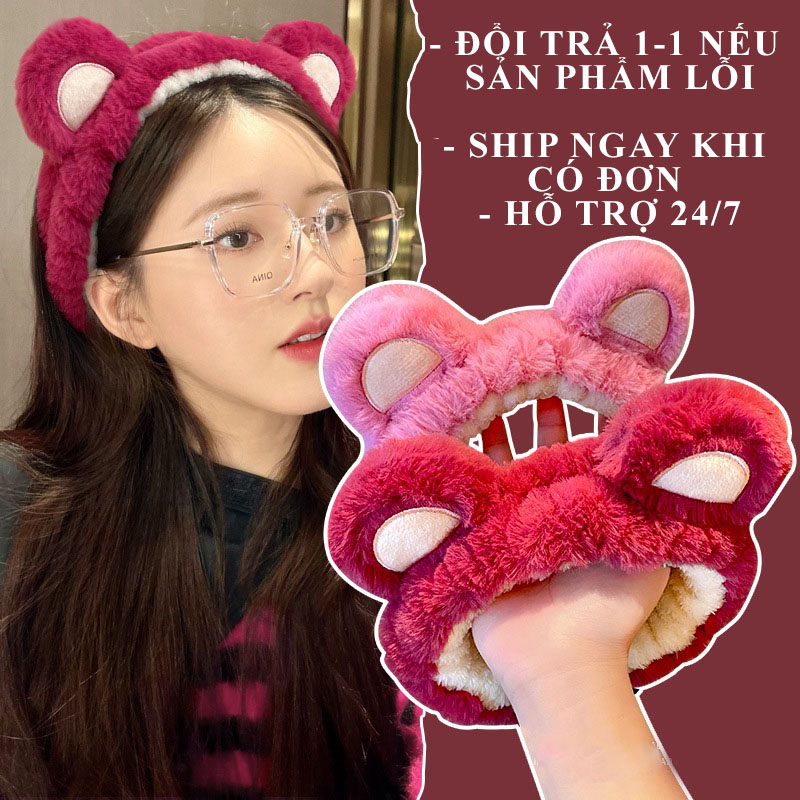 Băng đô tóc hình gấu dâu lông nhung ôm đầu, bờm cài rửa mặt cute cho mẹ và bé tai gấu hồng