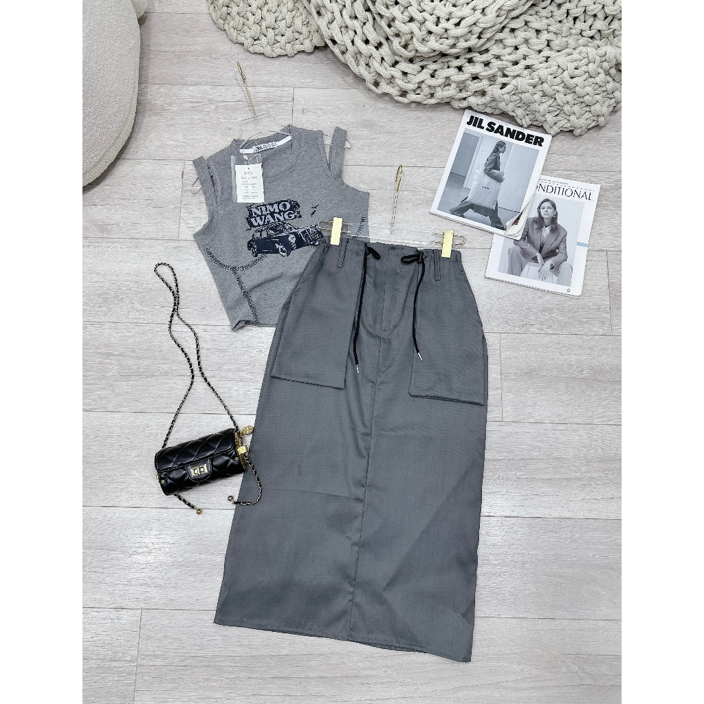 Set Áo 3 Lỗ In Hình, Mix Chân Váy KaKi Xám Dáng Dài