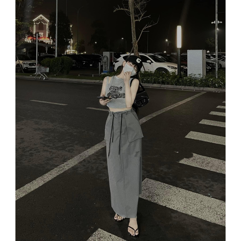 Set Áo 3 Lỗ In Hình, Mix Chân Váy KaKi Xám Dáng Dài