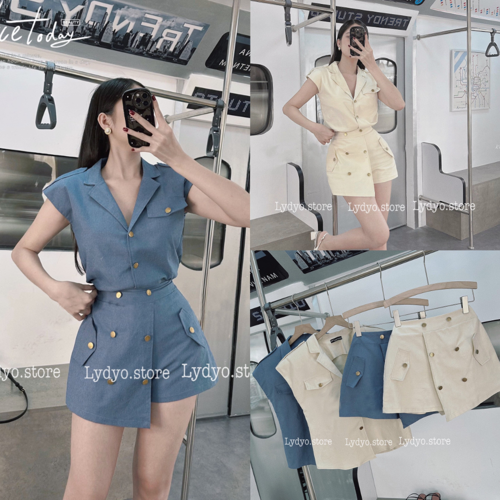 Set bộ quần giả váy kaki jean bò denim,áo vest quần cúc dọc thiết kế độn đệm vai cao cấp