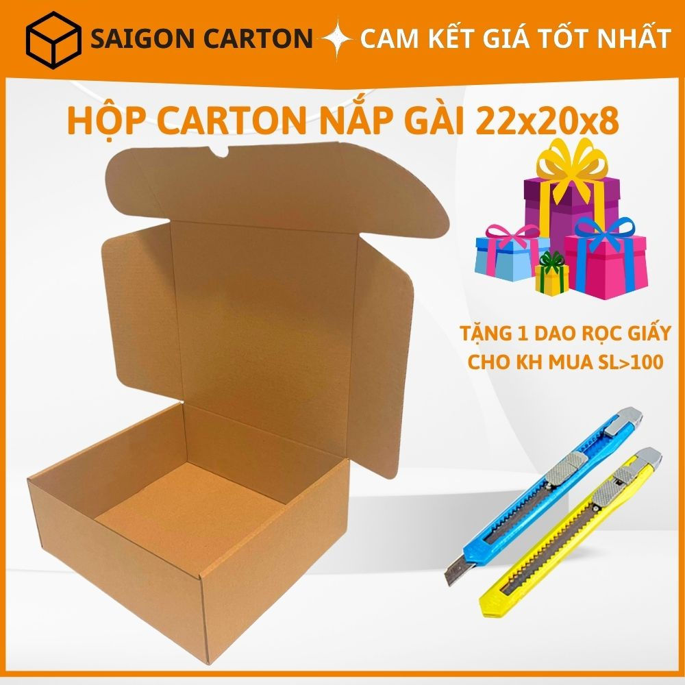 50 Thùng giấy hộp carton nắp gài đóng gói hàng online size 22x20x8 cm tặng 1 dao rọc giấy, sản xuất bởi SÀI GÒN CARTON
