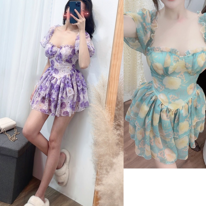 Váy hoa cúp xoè bồng dáng ngắn siêu xinh 2 màu( xanh, tím)