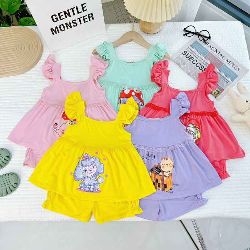 NT179 Bộ thun lạnh 2 dây cánh tiên áo dáng baby doll viền ren quần bí in hoạ tiết cực đáng yêu cho bé gái