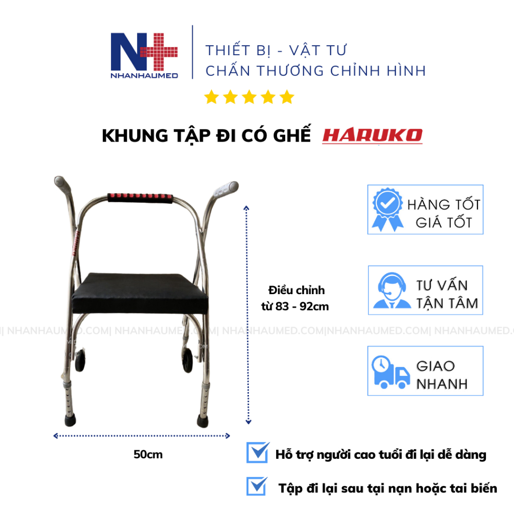 Khung Tập Đi Có Ghế Ngồi Inox Cao Cấp Haruko, Khung Tập Đi Ghế Ngồi Mặt Nệm