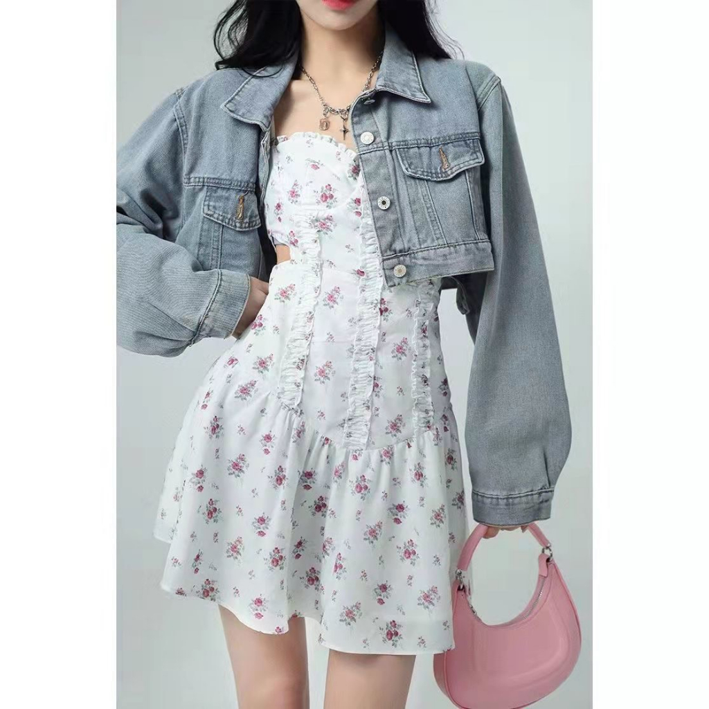 Áo khoác jean croptop dài tay DENIG
