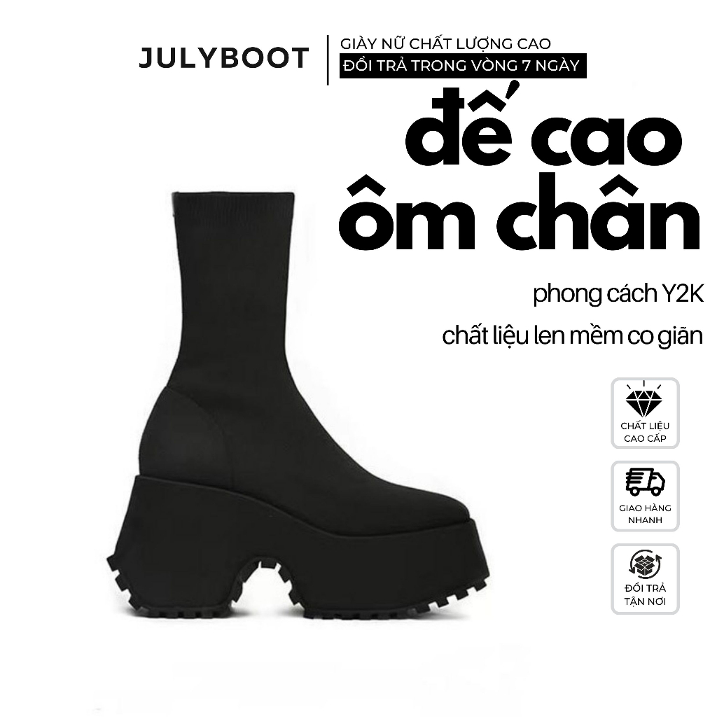 Boot Chunky Đế Bánh Mì Cổ Vừa Gót 10 cm Phong Cách Y2K Gothic Chiều Cao Khủng cky