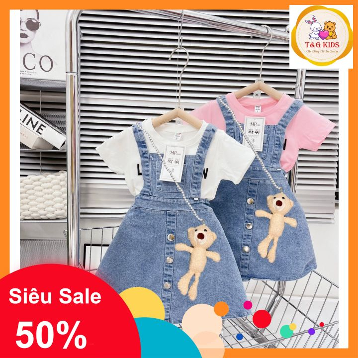 váy yếm bò bé gái kèm áo cotton Hàn tặng túi gấu dây ngọc cực dễ thương cho bé từ 6kg đến 18kg