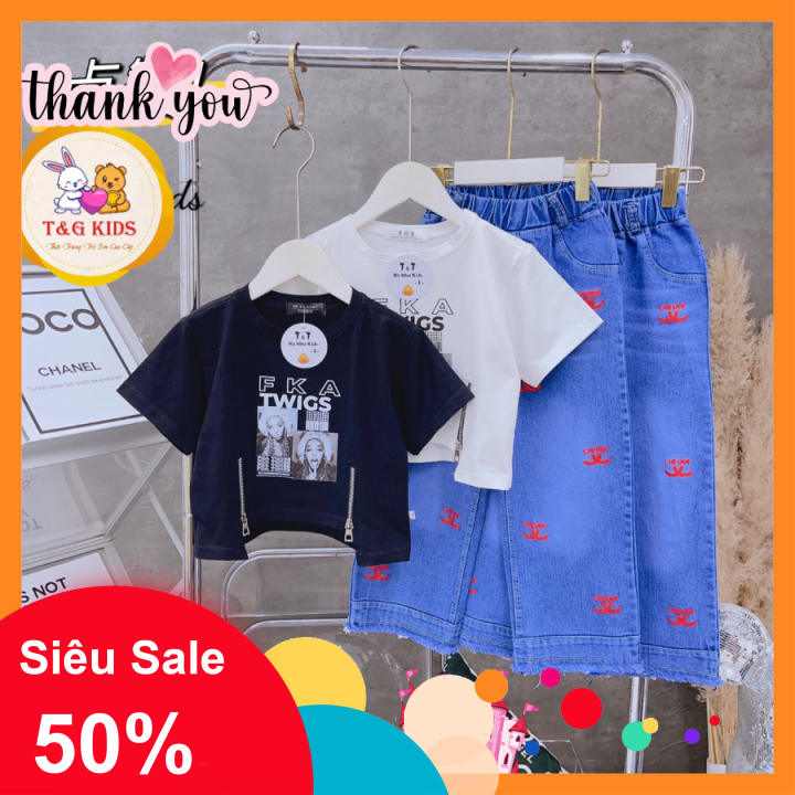 bộ quần áo bé gái quần bò jeans áo cotton thiết kế khóa kéo 2 bên in ép hình sắc nét sang chảnh, cá tính cho bé 15-40kg