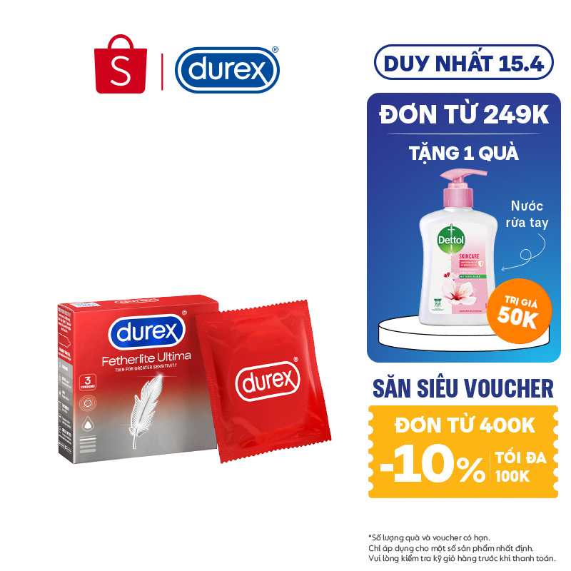 Bao cao su Durex Fetherlite Ultima siêu mỏng, size 52mm, 3 bao/hộp