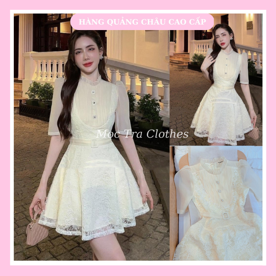 Đầm ren xòe ngắn Quảng Châu thiết kế kèm đai phối tơ tiểu thư siêu xinh, Váy dự tiệc nữ rẻ đẹp trẻ trung