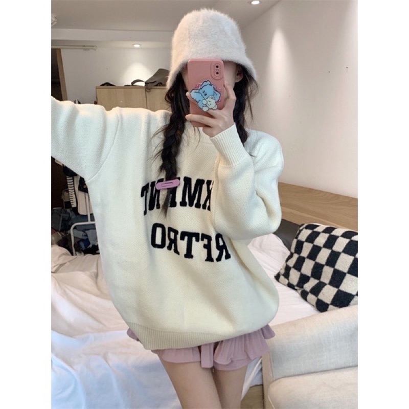 Áo len trắng kem oversize form rộng basic Yannie