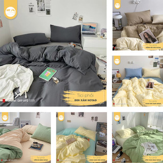 Bộ chăn ga gối cotton tici H&T , chăn ga cotton đũi phối màu trơn dày decor phòng ngủ vintage H&T Chăn Ga Gối