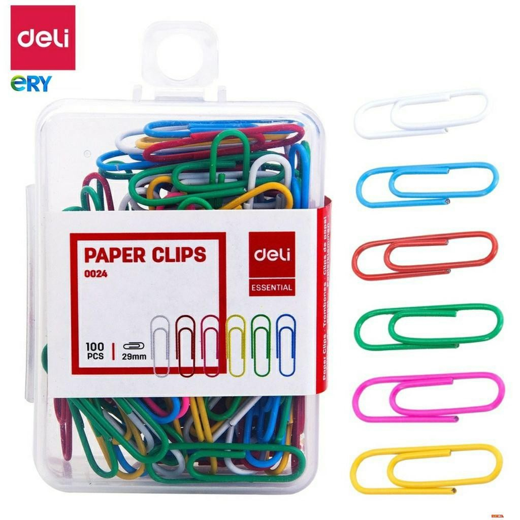 Kẹp giấy nhựa đủ màu Deli Color Paper Clip #0024(29mm), hộp 100 cái
