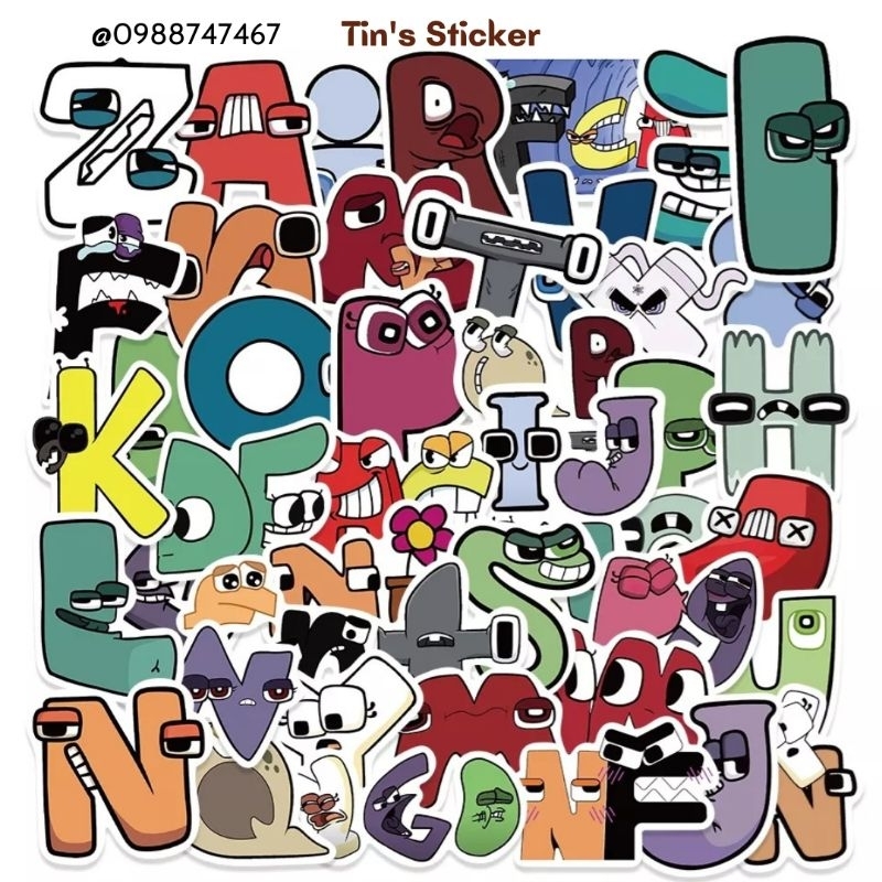 Set 50 miếng dán sticker hoạt hình chữ cái dán nón mũ bảo hiểm laptop vali sổ tay đàn guitar điện thoại xe máy tủ lạnh