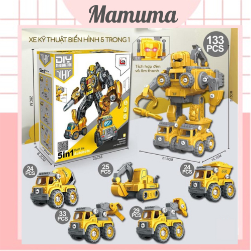 Robot biến hình lắp ráp xe công trình 5in1, đồ chơi lắp ghép xe công trường biến hình robot tanker, có đèn nhạc - Mamuma