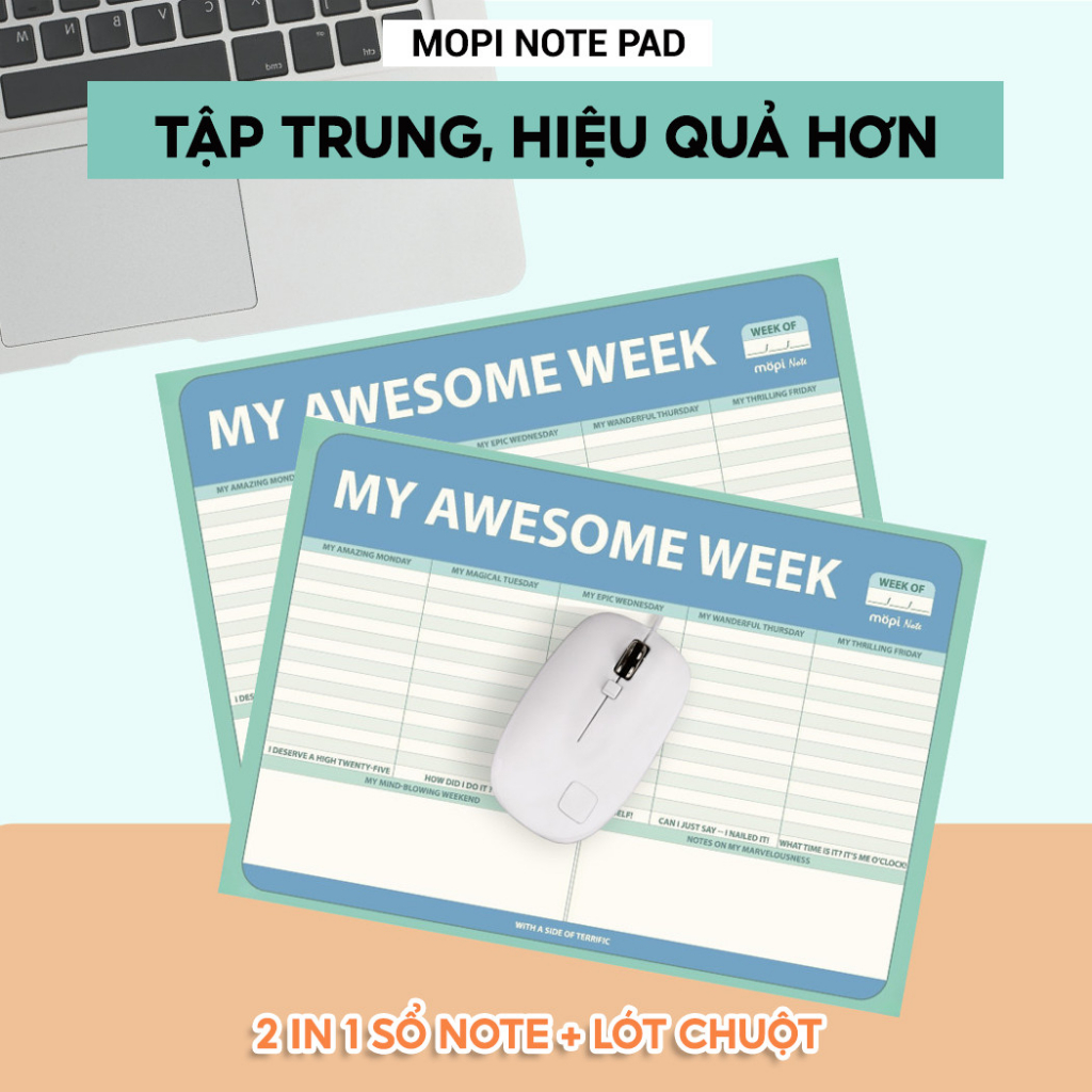 Sổ tay mini lập kế hoạch hàng tuần Mopi Note Pad to do list kết hợp lót chuột văn phòng ,sổ ghi chú 60 trang màu 100gsm