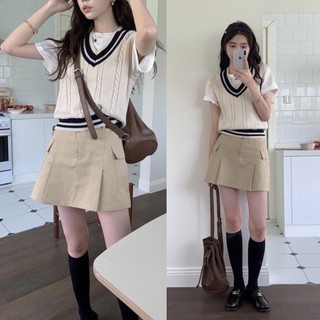 Set áo gile len dệt kim basic màu kem + chân váy kaki dáng A Julia Skirt Yannie