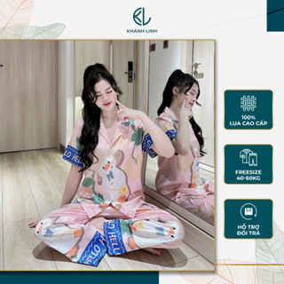 Đồ Ngủ Nữ Lụa Xước Hồng Vịt Trắng, Bộ Ngủ Mặc Nhà Pijama Áo Cộc Tay Quần Dài Vải Lụa Xước Ánh Kim - Khánh Linh Shop