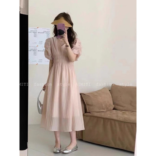 Váy vivi cam cổ v tay bồng cộc chun eo thân a dài