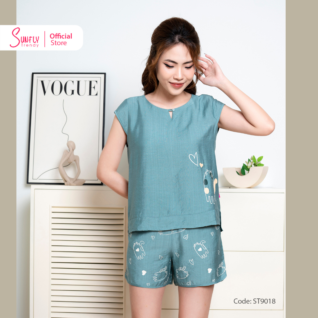 Đồ Bộ Mặc Nhà Nữ Linen SUNFLY Áo Cộc Quần Sooc ST9018