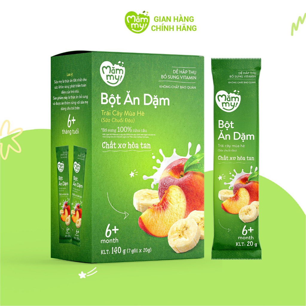 Bột ăn dặm trái cây mùa hè Mămmy kết hợp giữa sữa, chuối và đào bổ sung vitamin cho bé yêu - 140gr