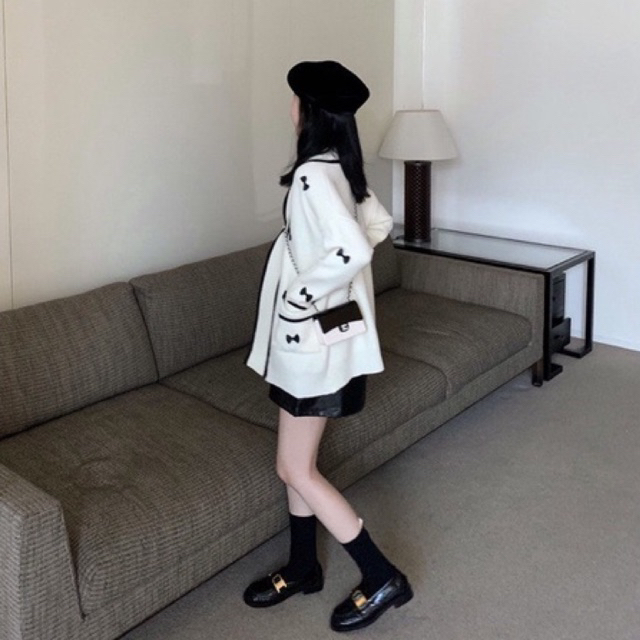 (Video tự quay) Áo khoác len cardigan viền đen phối nơ dễ thương thanh lịch ulzzang Hàn Quốc Yannie