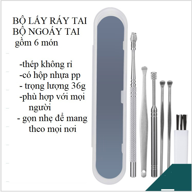 Bộ Lấy Ráy Tai 6 Món Kèm Chổi Vệ Sinh , Bộ Ngoái Tai Inox Cao Cấp 6 Món Tiện Dụng Thông Minh An Toàn Cho Cả Gia Đình