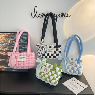 Túi kẹp nách handmade, túi xách tay tự đan mẫu kẻ caro len bông mềm với khăn lụa