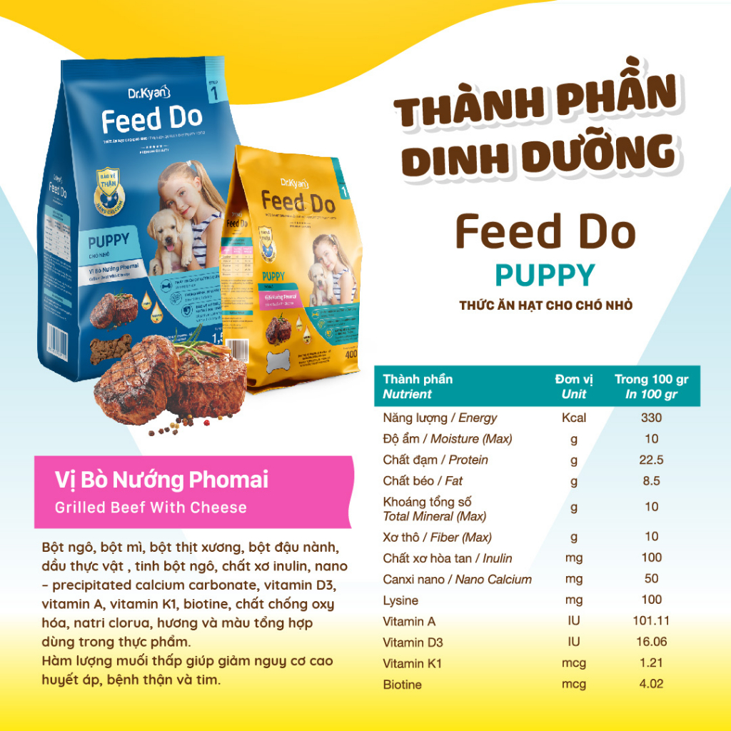 Dr.Kyan - Thức ăn hạt cho chó nhỏ Feed Do - Puppy 400g - Vị bò nướng pho mai