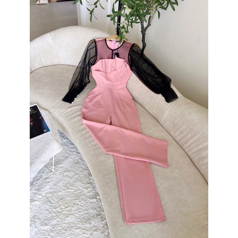 Jumpsuit Dáng Dài Ngực Cách Điệu Phối Tay Ren Thiết Kế Sarah Đính Ngọc Điệu Đà, Phù Hợp Đi Chơi Đi Tiệc