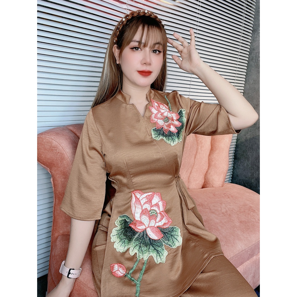 Đồ lam đi chùa, bộ bà ba, pháp phục Phật tử hoa sen thêu có dây cột chất gấm nổi cao cấp - SD238