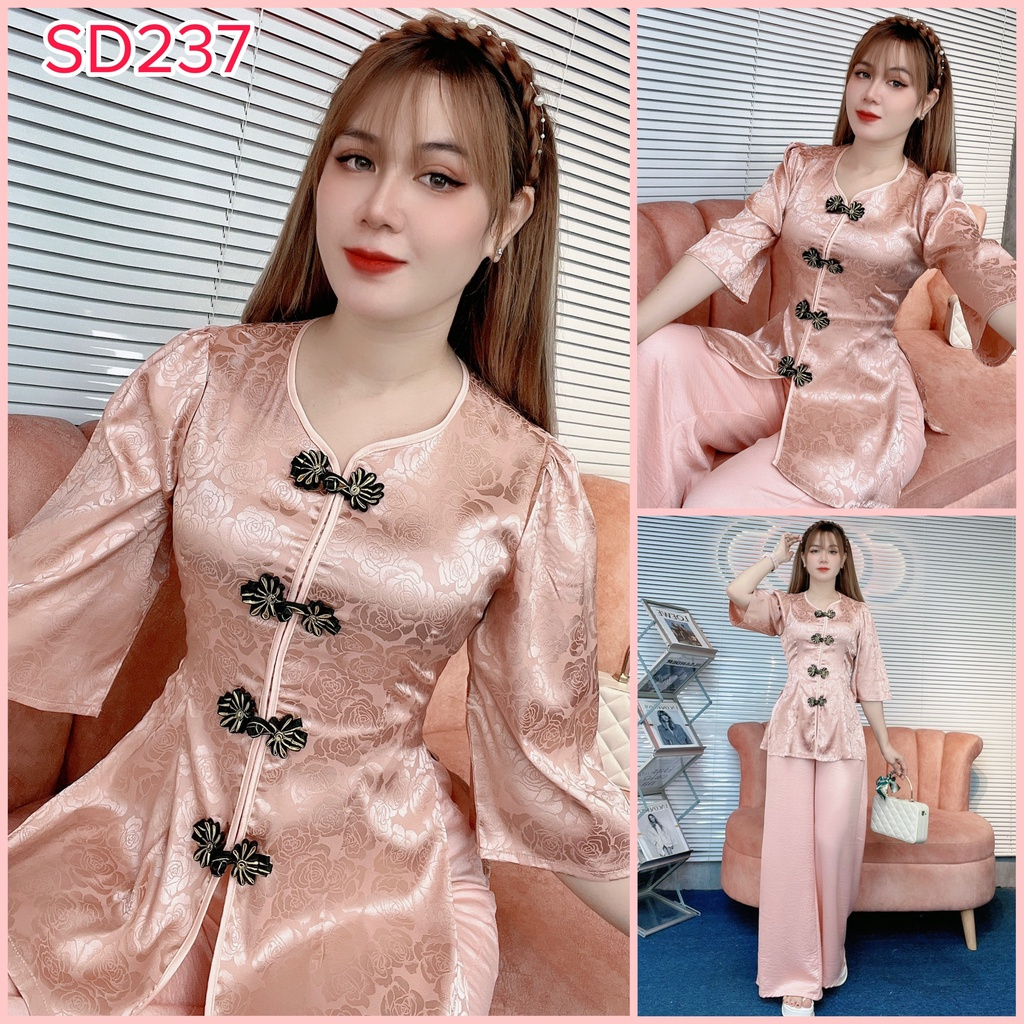 Set Đồ Lam Đi Chùa, Bộ Bà Ba Đi Lễ Cổ Tim Có Viền Xinh Xắn Chất Gấm Nổi Cao Cấp đi lễ đi chơi SD237