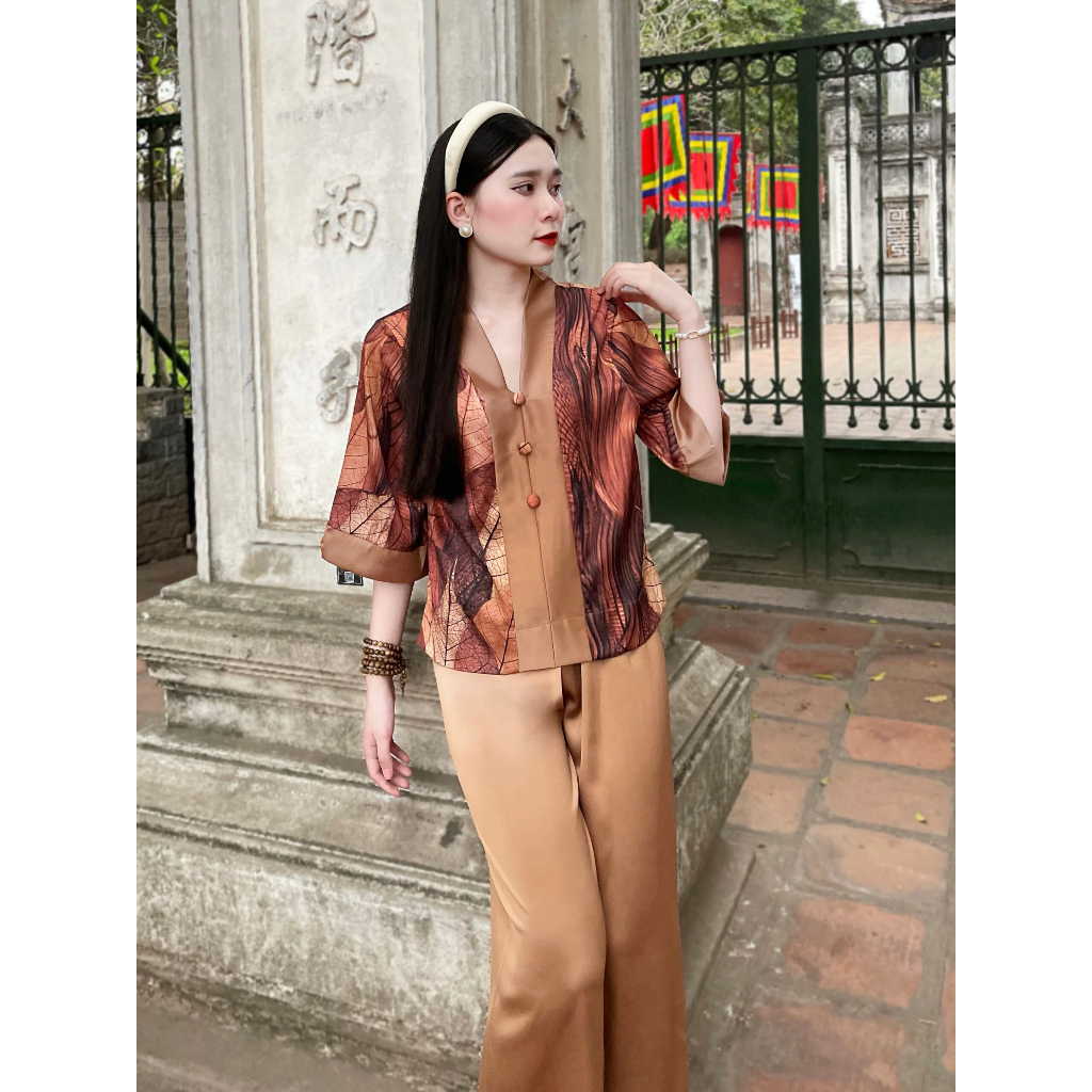 Bộ đi lễ chùa áo dáng suông chất lụa xước ánh kim, quần lụa Vân cao cấp Pháp Phục Hải Đường
