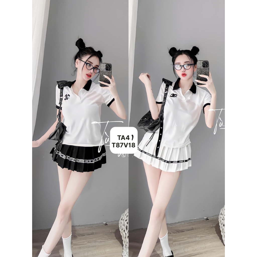 Sét chaleo Áo Cộc Cổ bẻ mix chân váy xoè Sz. Sm T4