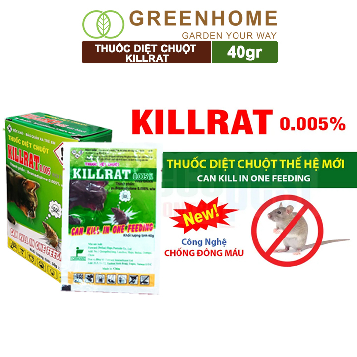 Thuốc diệt chuột Greenhome, killrat, bao 40gr, thế hệ mới, hiệu quả, diệt cả đàn