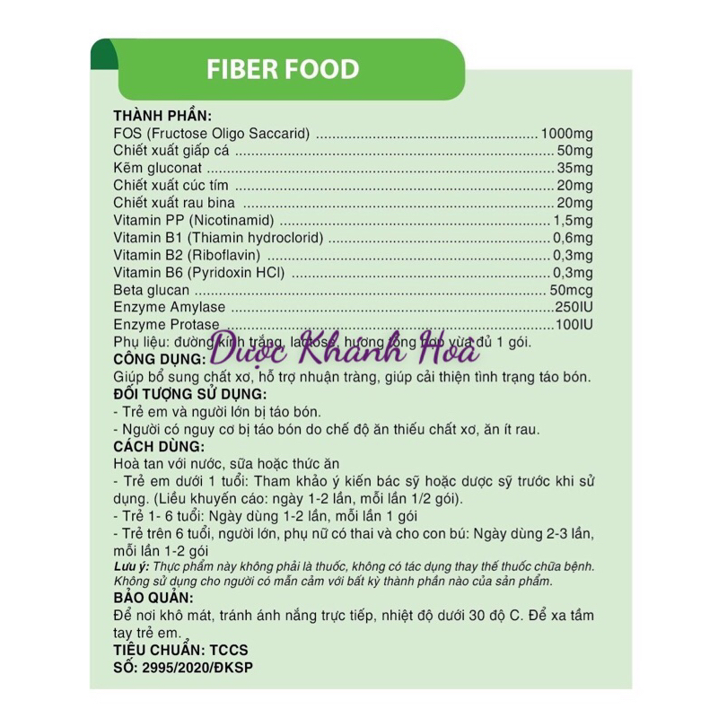 Gói bổ sung chất xơ FIBER FOOD: giảm táo bón ở trẻ em và người lớn. Hỗ trợ tiêu hoá nhuận tràng. Hộp 20 gói.