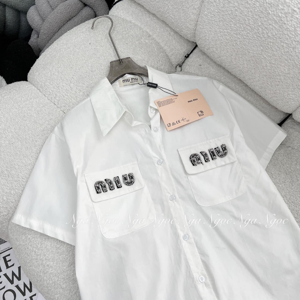 Áo sơ mi miu miu đính đá Áo sơ mi trắng đính đá hàng thiết kế vải cotton thoáng mát dễ phối đồ 2 màu trắng xanh