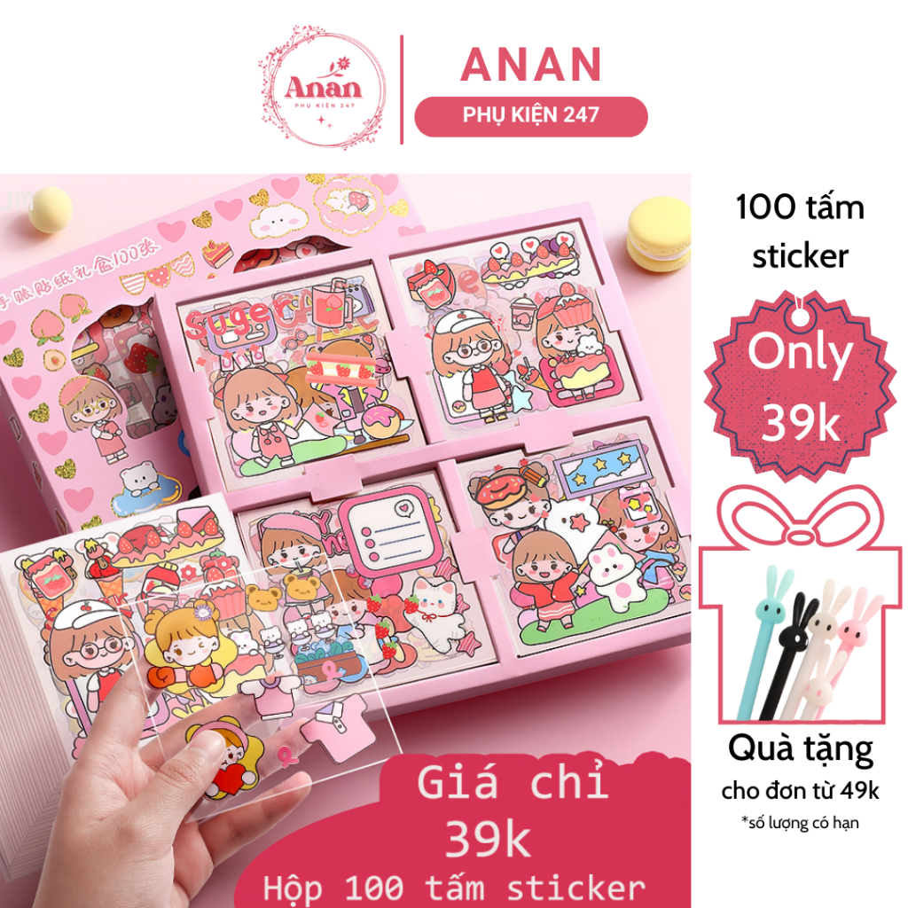 Hộp 100 Tấm Sticker Hình Dán Cute Xinh Xắn Trang Trí Dán Sổ Vở Bình Nước Bàn Học Cốc Bút Trong Suốt Giá Rẻ Anan Mart