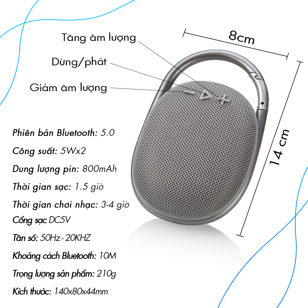 Loa Bluetooth Dã Ngoại Clip 4- Có Móc Treo Tiện Dụng - Hỗ trợ Thẻ Nhớ/USB