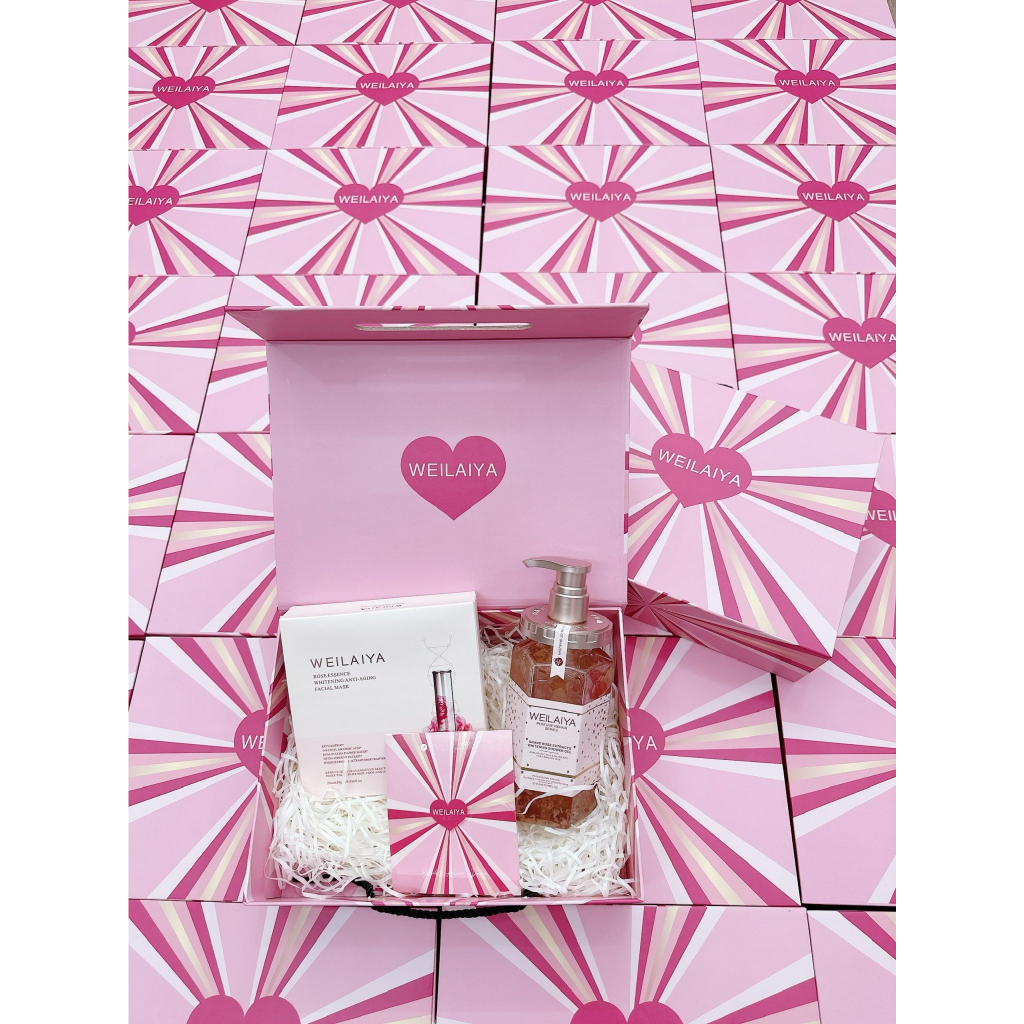 Set quà tặng Sữa tắm nước hoa và Kem Body trắng da Weilaiya kèm thiệp.