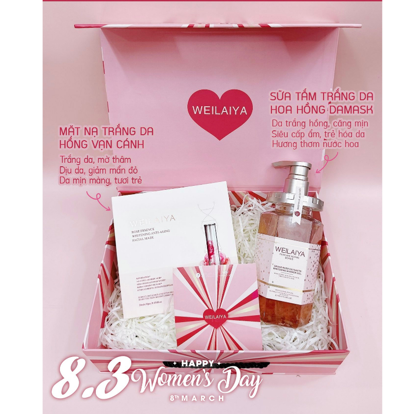 Set quà tặng Sữa tắm nước hoa và Kem Body trắng da Weilaiya kèm thiệp.